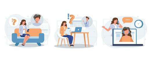 Customer service isolated set in flat design. Collection of scenes. People advice and support, operator call center. Vector illustration for blogging, website, mobile app, promotional materials.