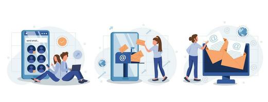 correo electrónico Servicio web concepto con personas escenas conjunto en plano estilo. haz de en línea comunicación programas, enviando y recepción mensajes, promoción Boletin informativo. vector ilustración con personaje diseño