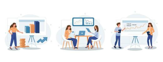 Business activities concept isolated person situations. Collection of scenes with people perform tasks, analyze data, develop project, success strategy. Vector illustration in flat design