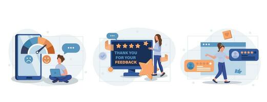 Feedback page web concept with people scenes set in flat style. Bundle of customer satisfaction, high rating stars and likes, positive client experience. Vector illustration with character design