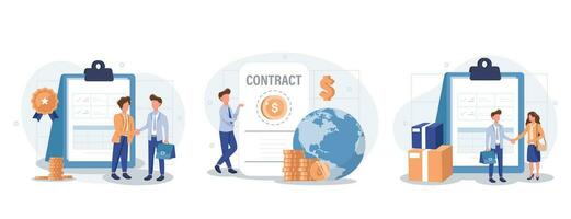 Electronic contract, sales contract terms, standard for quality control, payment terms and conditions, certification abstract metaphor. Business agreement abstract concept vector illustration set.