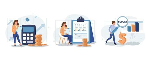 Analyzing budget concept isolated person situations. Collection of scenes with people do financial accounting, calculate statistics, earnings increase. Mega set. Vector illustration in flat design