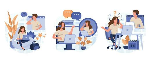 Customer service isolated set in flat design. Collection of scenes. People advice and support, operator call center. Vector illustration for blogging, website, mobile app, promotional materials.