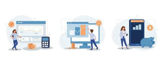 Characters investing money in stock market. People analyzing financial graphs, charts and diagrams and other data. Stock trading concept. Flat cartoon vector illustration and icons set