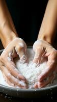 AI generated Young woman hand preparing dough for baking on kitchen photo