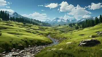 AI generated Green meadow  trees and hills grass land on summer photo