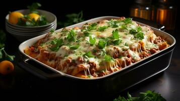 AI generated Lasagna with cheese and mozzarella restaurant food photo