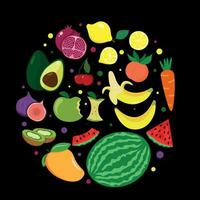 Set of vector fruits and vegetables in a circle, composition of isolated objects