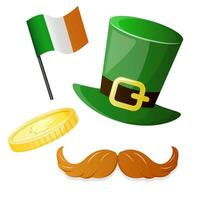 Happy Saint Patricks Day set. shamrock, beard, leprechaun hat, Irish flag, golden coin with clover symbol. Irish party vector illustration isolated on white background