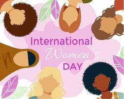 Female diverse faces of different ethnicity poster, greeting card. Women empowerment movement pattern. International women s day graphic vector design.