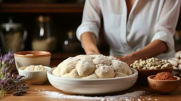 AI generated Hand chef dough bake preparing on kitchen homemade photo
