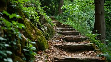 AI generated Stairs in the forest. The concept of hiking and tourism. photo