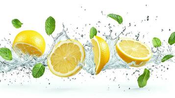 AI generated Fresh lemon and mint falling into water with splash, isolated on white background. photo