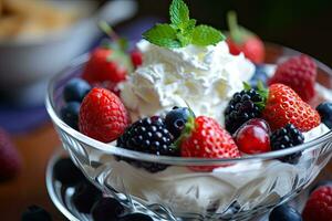 AI generated Whipped cream and fresh berries in a glass bowl. photo