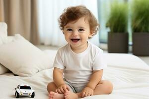 AI generated Smiling baby boy playing with toy car. Baby bodysuit mockup. photo