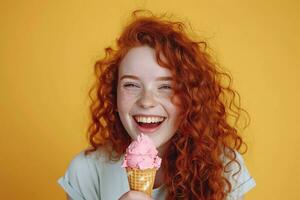 ai generado retrato de un rojo peludo niña con hielo crema en un amarillo antecedentes. foto