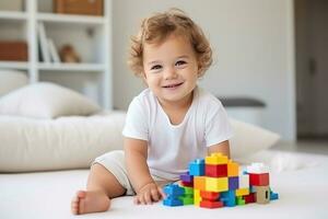 ai generado bebé jugando con vistoso bloques en alfombra. bebé camiseta Bosquejo. foto