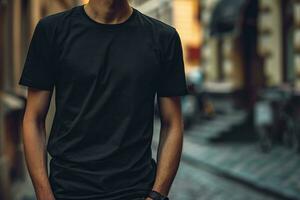 AI generated Man in blank black t-shirt standing on city street. Mockup t-shirt. photo