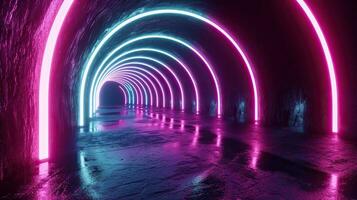 AI generated Tunnel with neon lights. Futuristic background. photo