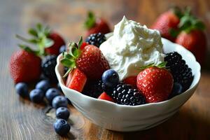 AI generated Whipped cream and fresh berries in a glass bowl. photo