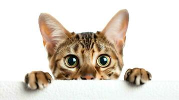 AI generated Bengal cat peeking out from behind a white banner. photo