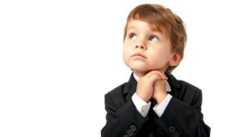 AI generated Portrait of a thoughtful little boy isolated on a white background. photo