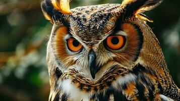 AI generated Portrait of an owl with big orange eyes, close-up. photo