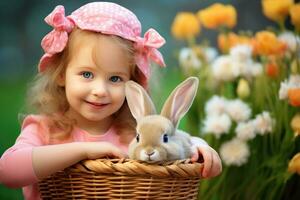 AI generated A cute little girl with a bunny. photo