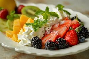 AI generated Fruit salad with whipped cream and fresh berries on a wooden table. photo