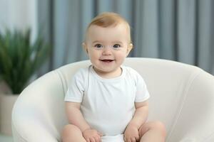 ai generado retrato de un linda sonriente bebé sentado en un silla a hogar foto