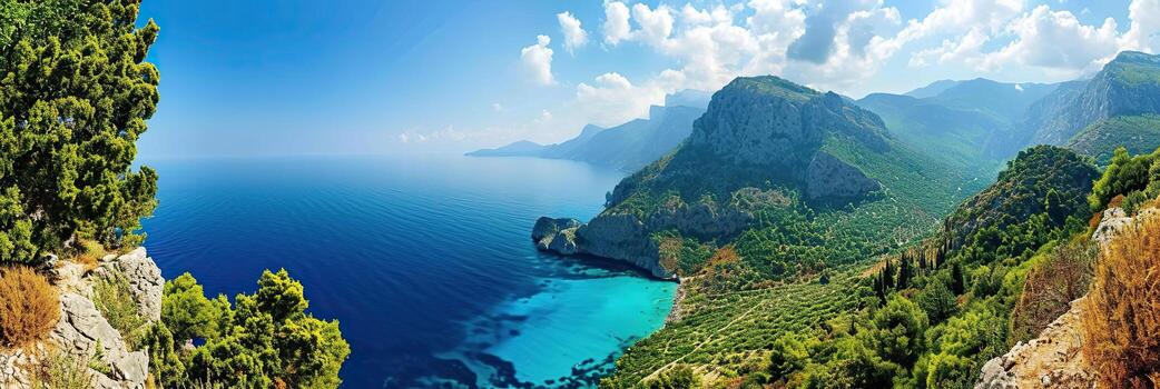 AI generated Panoramic sea and mountain views. photo