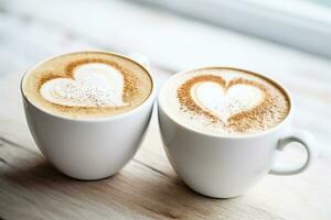 ai generado capuchino con corazón forma en Leche espuma en blanco taza en de madera mesa. foto