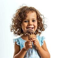 ai generado linda pequeño niña con Rizado pelo comiendo hielo crema aislado en un blanco antecedentes. foto