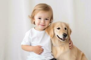 AI generated Adorable little baby with golden retriever. Baby t-shirt mockup. photo