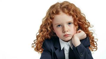 AI generated Sad red curly girl on white background. photo