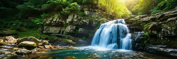 ai generado panorámico ver de cascada en profundo bosque. hermosa naturaleza antecedentes. foto