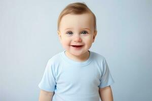 ai generado linda pequeño bebé en azul camiseta. foto