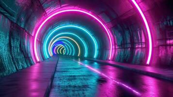 AI generated Tunnel with neon lights. Futuristic background. photo