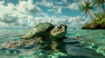 ai generado un Tortuga se sienta en parte superior de un tropical Oceano foto
