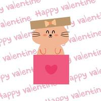 hand drawn cartoon cat in a box, happy valentine's day writing background, doodles of cute animals for valentine vector
