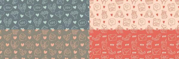 The love theme doodle style seamless pattern, Valentines Day hand-drawn color icons with a simple engraving retro effect. Romantic mood, cute symbols and elements backgrounds collection. vector