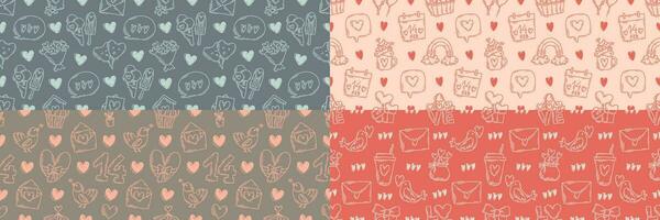 The love theme doodle style seamless pattern, Valentines Day hand-drawn color icons with a simple engraving retro effect. Romantic mood, cute symbols and elements backgrounds collection. vector