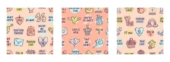 The love theme doodle style color seamless pattern, Valentines Day hand-drawn icons with a simple engraving retro effect. Romantic mood, cute symbols and elements backgrounds collection. vector