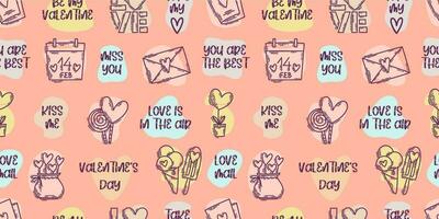 The love theme doodle style seamless pattern, Valentines Day hand-drawn color icons with a simple engraving retro effect. Romantic mood, cute symbols and elements backgrounds collection. vector