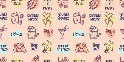 The love theme doodle style color seamless pattern, Valentines Day hand-drawn icons with a simple engraving retro effect. Romantic mood, cute symbols and elements backgrounds collection. vector