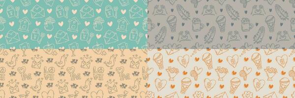The love theme doodle style color seamless pattern, Valentines Day hand-drawn icons with a simple engraving retro effect. Romantic mood, cute symbols and elements backgrounds collection. vector