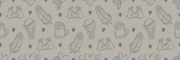 The love theme doodle style seamless pattern, Valentines Day hand-drawn color icons with a simple engraving retro effect. Romantic mood, cute symbols and elements backgrounds collection. vector