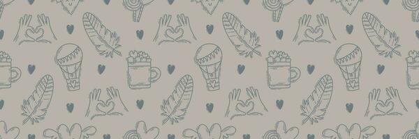 The love theme doodle style seamless pattern, Valentines Day hand-drawn color icons with a simple engraving retro effect. Romantic mood, cute symbols and elements backgrounds collection. vector