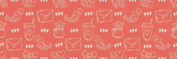 The love theme doodle style seamless pattern, Valentines Day hand-drawn color icons with a simple engraving retro effect. Romantic mood, cute symbols and elements backgrounds collection. vector
