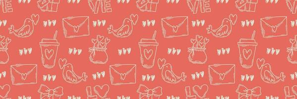 The love theme doodle style seamless pattern, Valentines Day hand-drawn color icons with a simple engraving retro effect. Romantic mood, cute symbols and elements backgrounds collection. vector